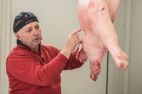 Adi Matzek erklärt Schweinehälfte